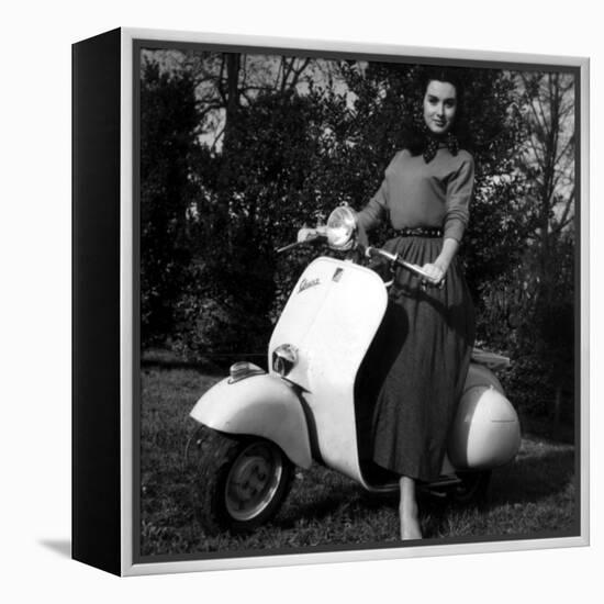 Paola Mori on a Vespa During Her Honeymoon with Orsonwelles in South of France, May 1955-null-Framed Stretched Canvas