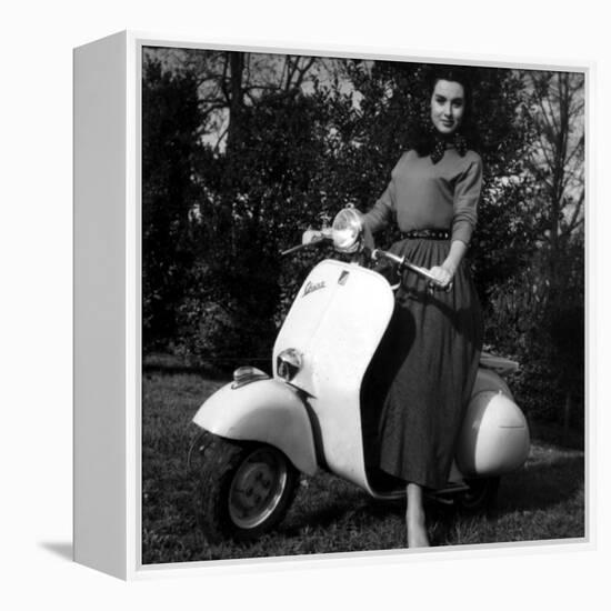 Paola Mori on a Vespa During Her Honeymoon with Orsonwelles in South of France, May 1955-null-Framed Stretched Canvas