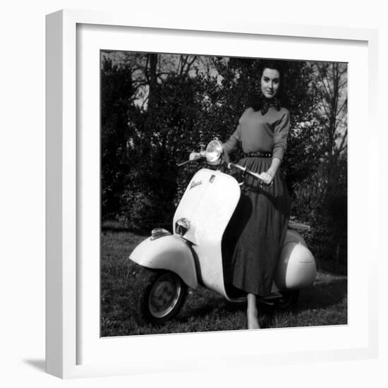 Paola Mori on a Vespa During Her Honeymoon with Orsonwelles in South of France, May 1955-null-Framed Photo