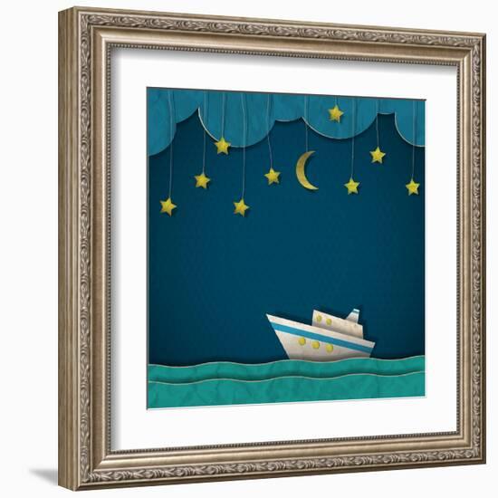 Paper Cruise Liner at Night. Creative Vector Eps 10-A-R-T-Framed Art Print