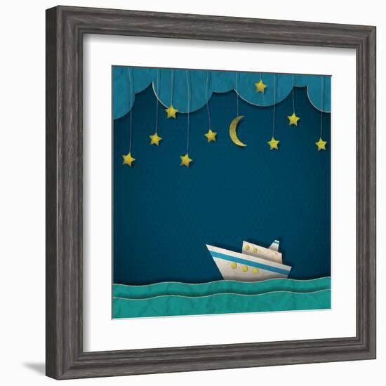 Paper Cruise Liner at Night. Creative Vector Eps 10-A-R-T-Framed Art Print