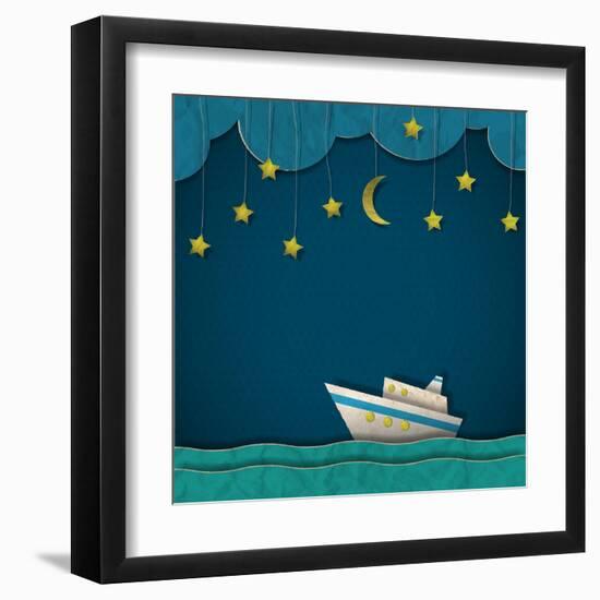 Paper Cruise Liner at Night. Creative Vector Eps 10-A-R-T-Framed Art Print