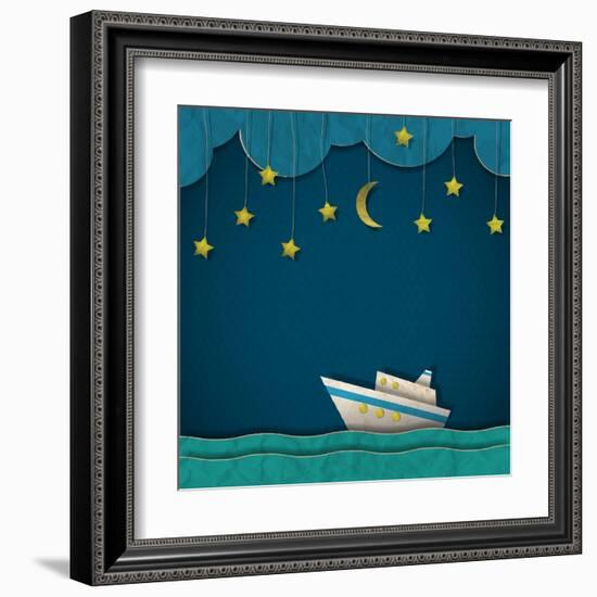 Paper Cruise Liner at Night. Creative Vector Eps 10-A-R-T-Framed Art Print