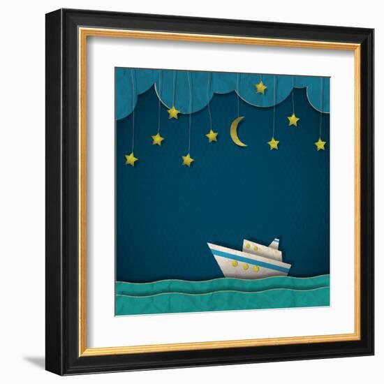 Paper Cruise Liner at Night. Creative Vector Eps 10-A-R-T-Framed Art Print