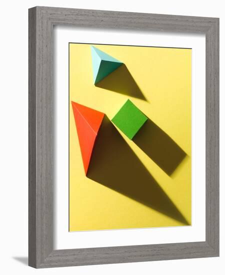 Paper Cube and Pyramids with Harsh Shadow on Yellow Background-Abstract Oil Work-Framed Photographic Print