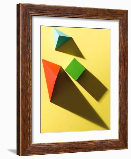 Paper Cube and Pyramids with Harsh Shadow on Yellow Background-Abstract Oil Work-Framed Photographic Print