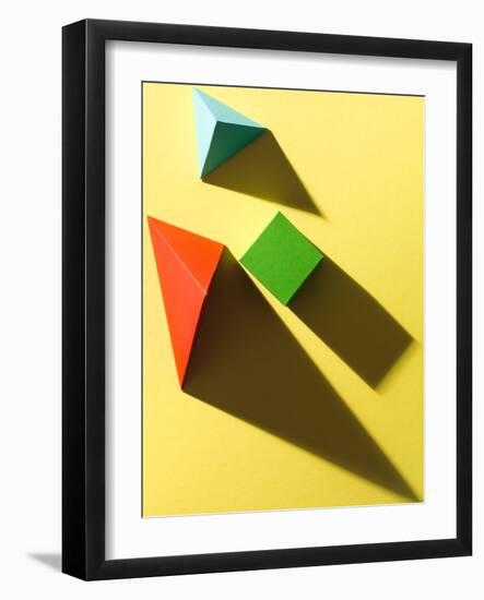 Paper Cube and Pyramids with Harsh Shadow on Yellow Background-Abstract Oil Work-Framed Photographic Print