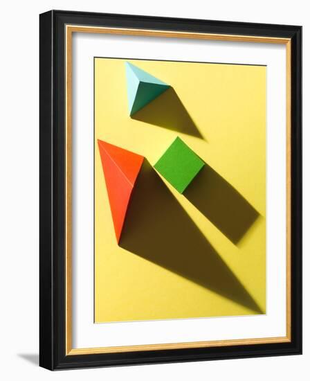 Paper Cube and Pyramids with Harsh Shadow on Yellow Background-Abstract Oil Work-Framed Photographic Print