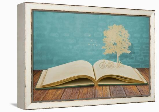 Paper Cut Of Children Read A Book Under Tree On Old Book-jannoon028-Framed Stretched Canvas