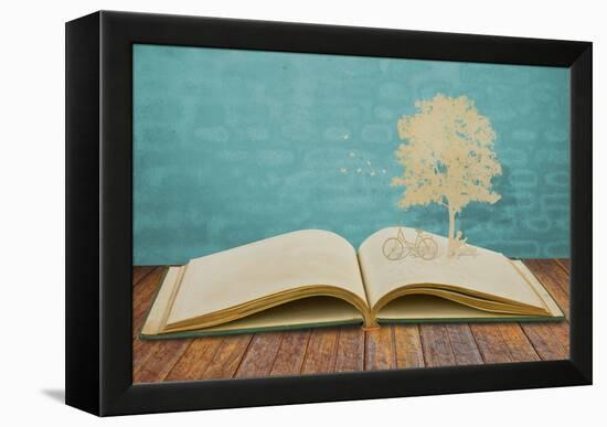 Paper Cut Of Children Read A Book Under Tree On Old Book-jannoon028-Framed Stretched Canvas