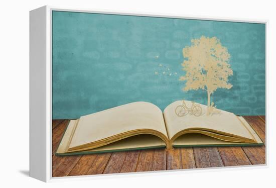 Paper Cut Of Children Read A Book Under Tree On Old Book-jannoon028-Framed Stretched Canvas