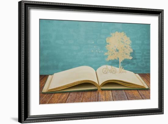 Paper Cut Of Children Read A Book Under Tree On Old Book-jannoon028-Framed Premium Giclee Print