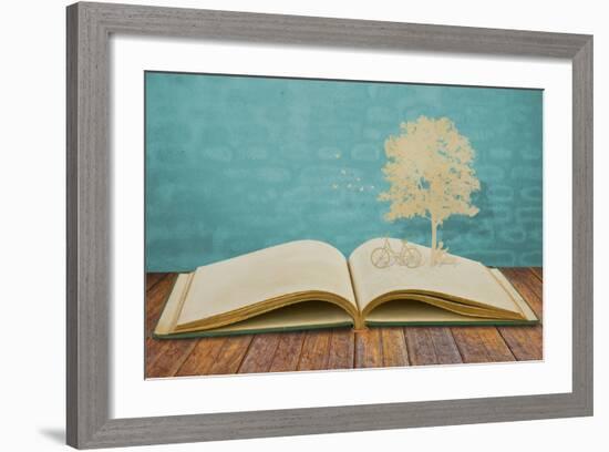 Paper Cut Of Children Read A Book Under Tree On Old Book-jannoon028-Framed Premium Giclee Print