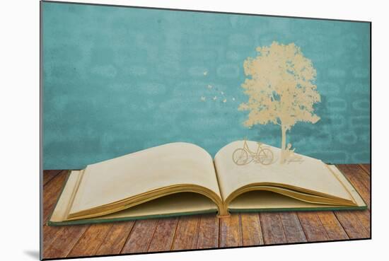 Paper Cut Of Children Read A Book Under Tree On Old Book-jannoon028-Mounted Premium Giclee Print