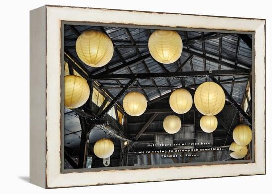 Paper Lanterns Hanging in a Barn in Charleston, SC with Thomas Edison Quote-null-Framed Stretched Canvas