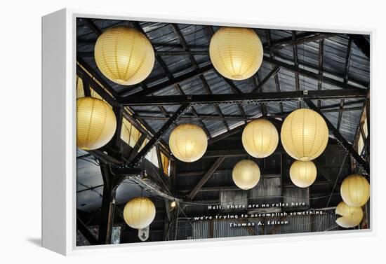 Paper Lanterns Hanging in a Barn in Charleston, SC with Thomas Edison Quote-null-Framed Stretched Canvas