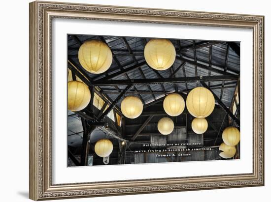 Paper Lanterns Hanging in a Barn in Charleston, SC with Thomas Edison Quote-null-Framed Photo