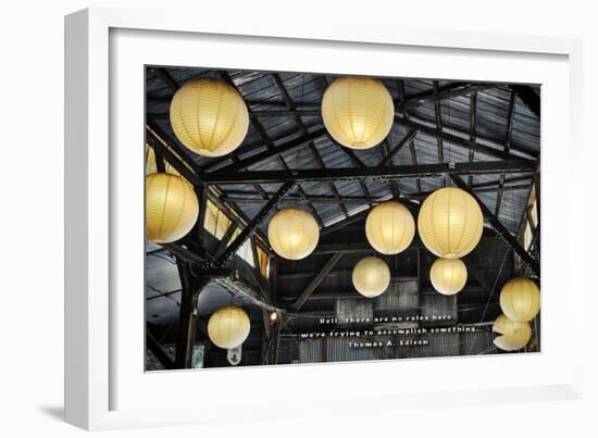 Paper Lanterns Hanging in a Barn in Charleston, SC with Thomas Edison Quote-null-Framed Photo