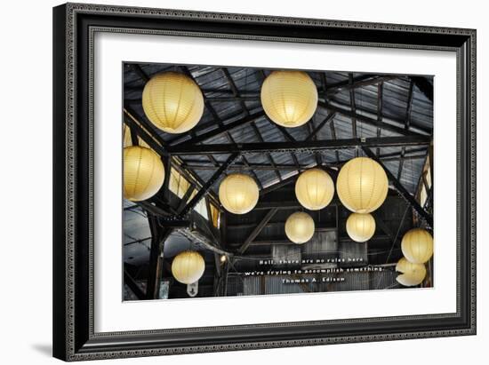 Paper Lanterns Hanging in a Barn in Charleston, SC with Thomas Edison Quote-null-Framed Photo