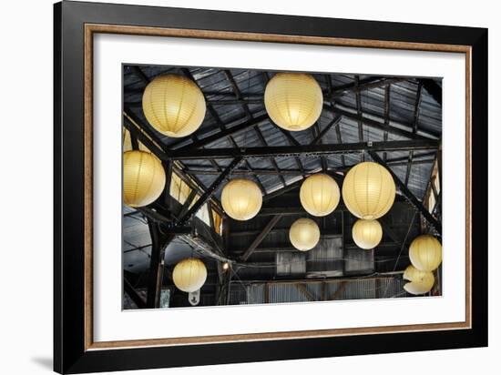 Paper Lanterns Hanging in a Barn in Charleston, SC-null-Framed Photo