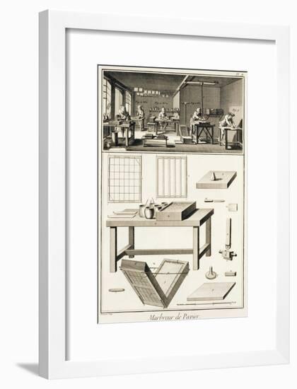 Paper Marbler's Workshop and Tools, from 'Encyclopedie Des Sciences et Metiers' by Denis Diderot-null-Framed Giclee Print