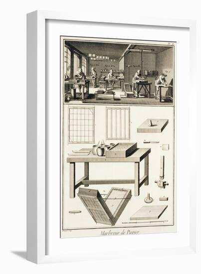 Paper Marbler's Workshop and Tools, from 'Encyclopedie Des Sciences et Metiers' by Denis Diderot-null-Framed Giclee Print