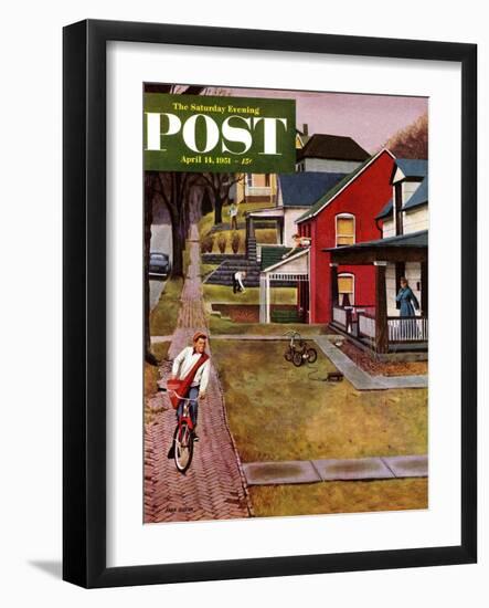 "Paperboy" Saturday Evening Post Cover, April 14, 1951-John Falter-Framed Giclee Print