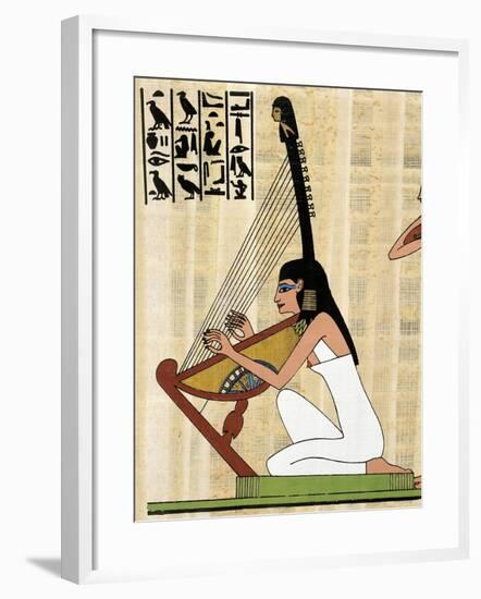 Papyrus Depicting Female Harp Player, Reconstructed Mural Painting from Theban Tomb of Rekhmire-null-Framed Giclee Print