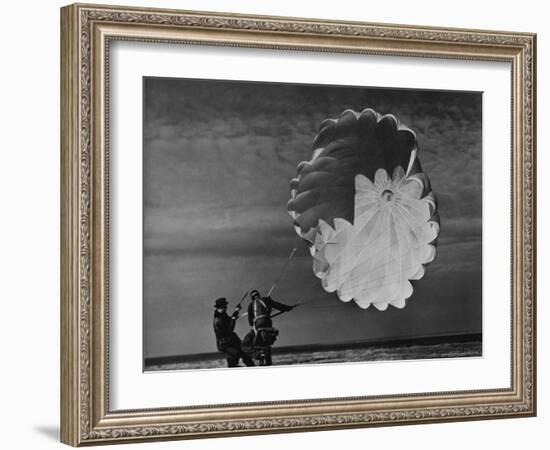 Parachute Jumper Testing Equipment for the Irving Air Chute Co. Gets Some Help-Margaret Bourke-White-Framed Photographic Print