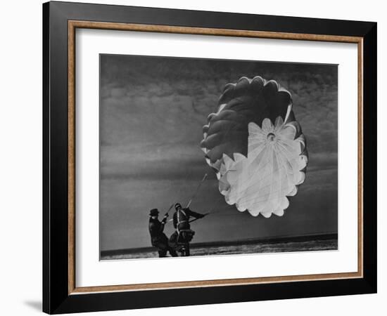 Parachute Jumper Testing Equipment for the Irving Air Chute Co. Gets Some Help-Margaret Bourke-White-Framed Photographic Print