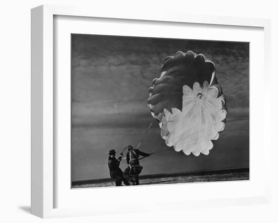 Parachute Jumper Testing Equipment for the Irving Air Chute Co. Gets Some Help-Margaret Bourke-White-Framed Photographic Print