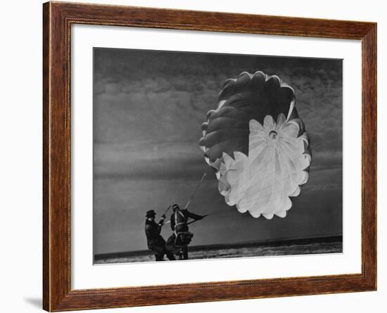 Parachute Jumper Testing Equipment for the Irving Air Chute Co. Gets Some Help-Margaret Bourke-White-Framed Photographic Print