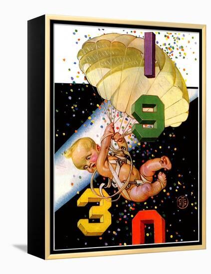 "Parachuting Baby New Year,"December 28, 1929-Joseph Christian Leyendecker-Framed Premier Image Canvas