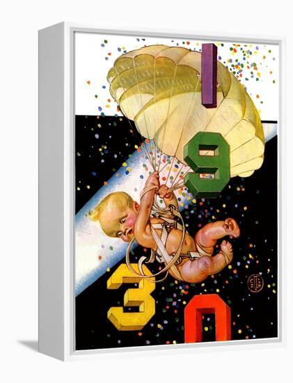 "Parachuting Baby New Year,"December 28, 1929-Joseph Christian Leyendecker-Framed Premier Image Canvas