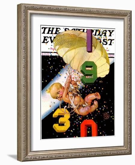 "Parachuting Baby New Year," Saturday Evening Post Cover, December 28, 1929-Joseph Christian Leyendecker-Framed Giclee Print