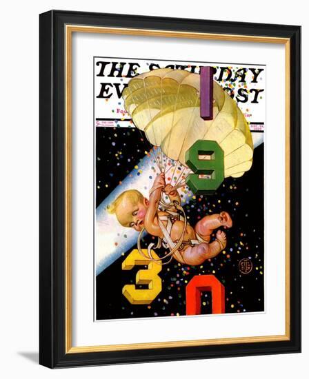 "Parachuting Baby New Year," Saturday Evening Post Cover, December 28, 1929-Joseph Christian Leyendecker-Framed Giclee Print