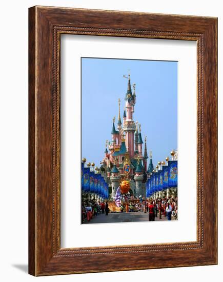 Parade in the Main Street U.S.A. with Castle of Sleeping Beauty, Disneyland Park Paris-null-Framed Premium Giclee Print