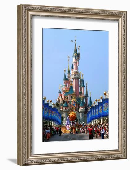 Parade in the Main Street U.S.A. with Castle of Sleeping Beauty, Disneyland Park Paris-null-Framed Art Print