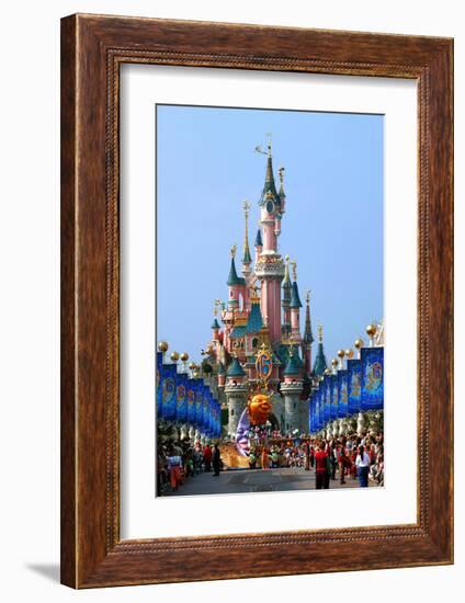 Parade in the Main Street U.S.A. with Castle of Sleeping Beauty, Disneyland Park Paris-null-Framed Art Print