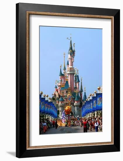 Parade in the Main Street U.S.A. with Castle of Sleeping Beauty, Disneyland Park Paris-null-Framed Art Print