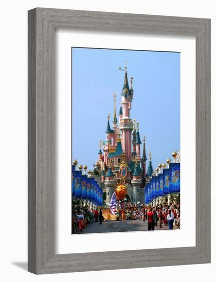 Parade in the Main Street U.S.A. with Castle of Sleeping Beauty, Disneyland Park Paris-null-Framed Art Print