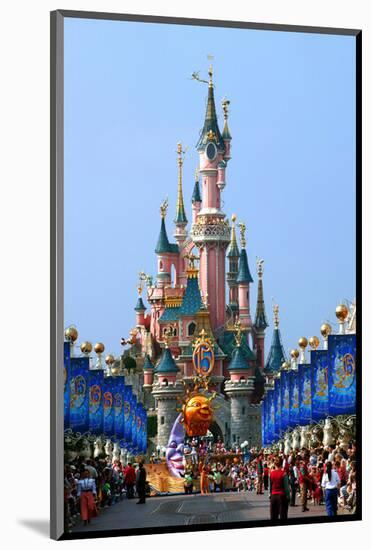 Parade in the Main Street U.S.A. with Castle of Sleeping Beauty, Disneyland Park Paris-null-Mounted Art Print