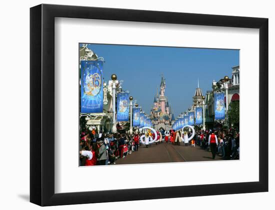 Parade in the Main Street U.S.A. with Sleeping Beauty's Castle, Disneyland Resort Paris-null-Framed Premium Giclee Print