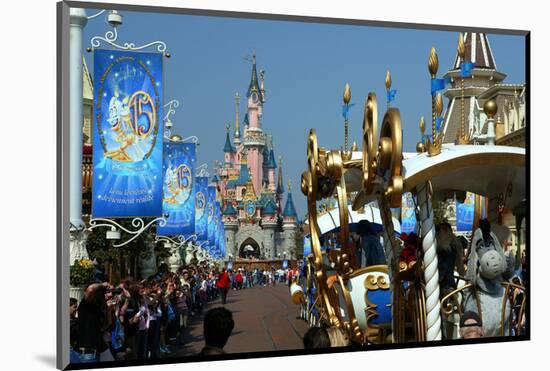 Parade in the Main Street U.S.A. with Sleeping Beauty's Castle, Disneyland Resort Paris-null-Mounted Art Print