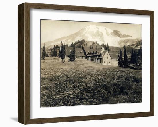 Paradise Inn and Mount Rainier, 1916-Asahel Curtis-Framed Giclee Print