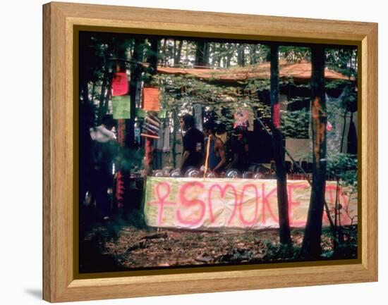 Paraphernalia Stand in Woods Featuring Pillows, Posters, and Incense, Woodstock Music and Art Fair-John Dominis-Framed Premier Image Canvas