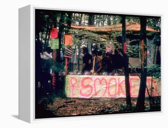 Paraphernalia Stand in Woods Featuring Pillows, Posters, and Incense, Woodstock Music and Art Fair-John Dominis-Framed Premier Image Canvas