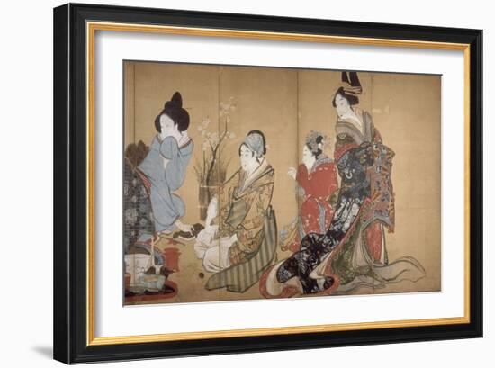 Paravent à huit volets : Neuf femmes jouant au jeu du renard-Katsushika Hokusai-Framed Giclee Print