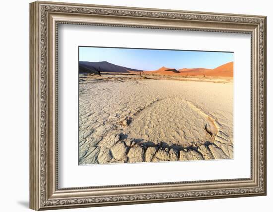 Parched Ground and Dead Acacia Surrounded by Sandy Dunes, Sossusvlei, Namib Naukluft National Park-Roberto Moiola-Framed Photographic Print