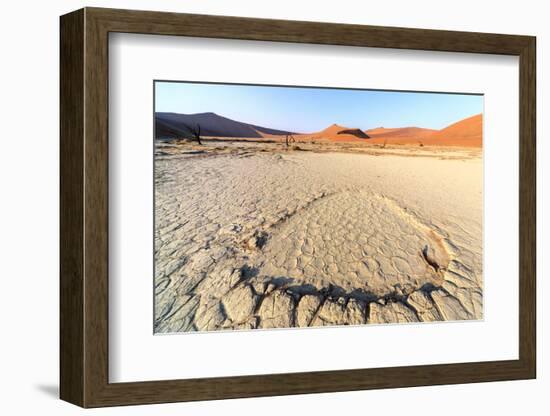 Parched Ground and Dead Acacia Surrounded by Sandy Dunes, Sossusvlei, Namib Naukluft National Park-Roberto Moiola-Framed Photographic Print